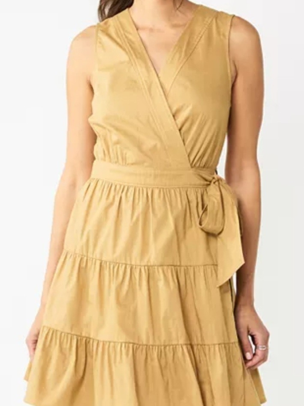 Nine West Sleeveless Wrap Tiered Dress in Mustard